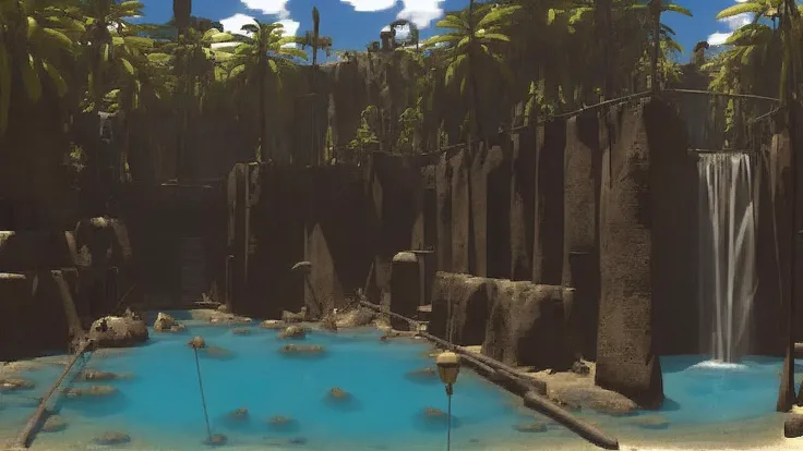 waterfalls, blue water, palms, briddges in p1xriven style
