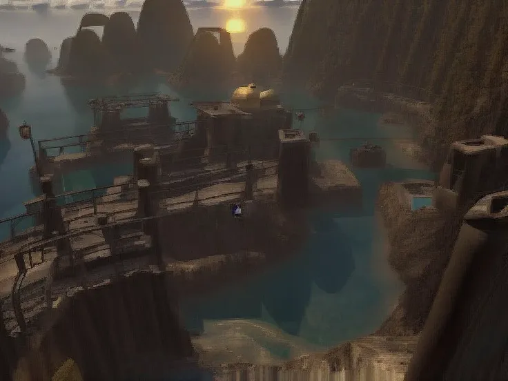 sunrise, (bridge), palms landscape in p1xriven style <lora:add_detail:1>