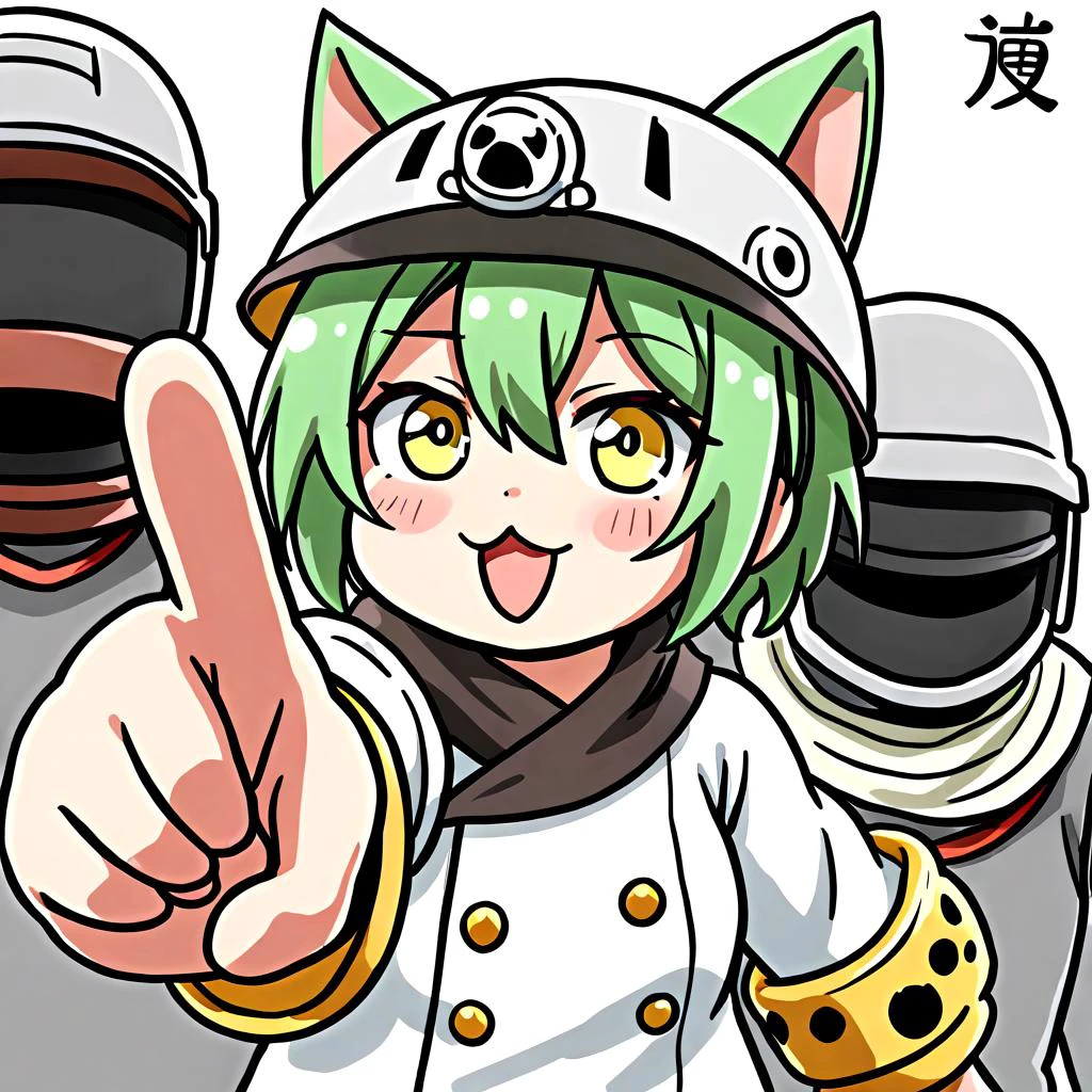 1 girl,akashi \(azur lane\), azur lane,
yellow eyes, green hair, cat ears,
<lora:Genbaneko2_AnimagineXLv3:0.6> genbaneko,helmet, pointing,cat,
best quality