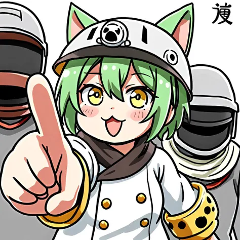 1 girl,akashi \(azur lane\), azur lane, 
yellow eyes, green hair, cat ears, 
 <lora:Genbaneko2_AnimagineXLv3:0.6> genbaneko,helmet, pointing,cat,
best quality