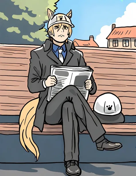 <lora:muri_am_xlv1:0.8>, muri_xl, 1guy, animal ears, blonde hair, solo, horse ears, horse tail, town, read the newspaper on the bench, crossed legs, BREAK <lora:Genbaneko2_AnimagineXLv3:0.8>, GENBANEKO, HAT, GREY HEADWEAR
, masterpiece, ultra-detailed