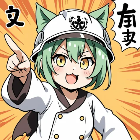 1 girl,akashi \(azur lane\), azur lane, 
yellow eyes, green hair, cat ears, 
 <lora:Genbaneko2_AnimagineXLv3:0.4> genbaneko,helmet, pointing, meme,
best quality