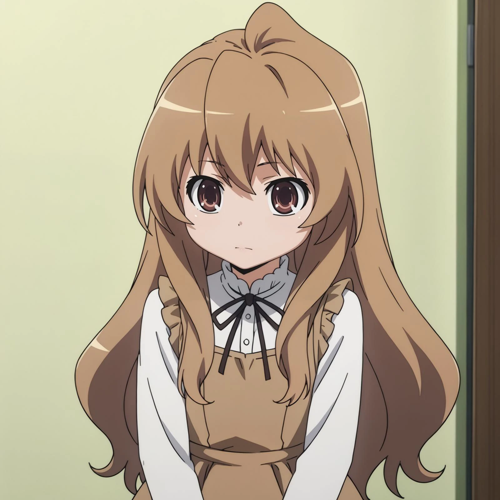 <lora:TaigaAisakaXLpony001>,
solo,
TaigaAisaka,1girl,brown hair,long hair,brown eyes,
white shirt,long_sleeves,brown dress,frill,