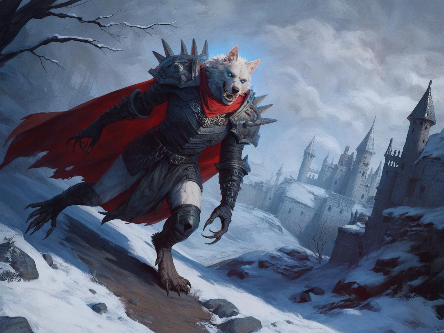 score_8_up, score_7_up, 1boy, big strong werewolf death knight, furry, glowing blue eyes, eye trail, white fur, paws, ahrp teeth, sharp fingernails, heavy armor with spikes, chainmail, belt, big shoulder pads with skull emblem, cape, winter, snow, citadel castle on background, fantasy, dynamic angle, full body, <lora:sxz-finnstark-smol-pdxl:0.8> finnstark style, realistic