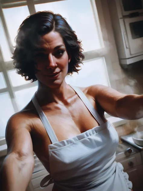 score_8_up, score_7_up, pov selfie, portrait of beautiful woman in white apron, seductive smile, bare shoulders, short black bob hair, kitchen, window, steam, <lora:sxz-finnstark-smol-pdxl:0.8> finnstark style, realistic