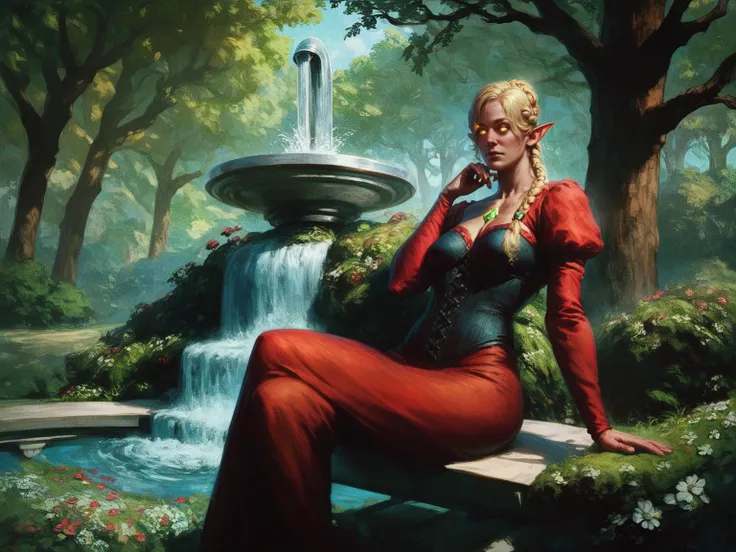 score_8_up, score_7_up, cowboy shot of elf woman sitting on bench in park, head rest, ornate red dress with green gems, corset, blonde, braid, glowing eyes, makeup, wide hips, tree, sunlight, flowers, fountain on background, fantasy, <lora:sxz-finnstark-smol-pdxl:0.8> finnstark style, realistic