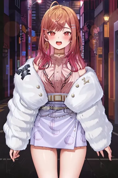 <lora:Ririka:0.8>, 1girl, solo, ichijou ririka, brown choker, earrings, pink shirt, fur-trimmed jacket, purple skirt, white belt, thigh chain, open mouth, street, street lamp