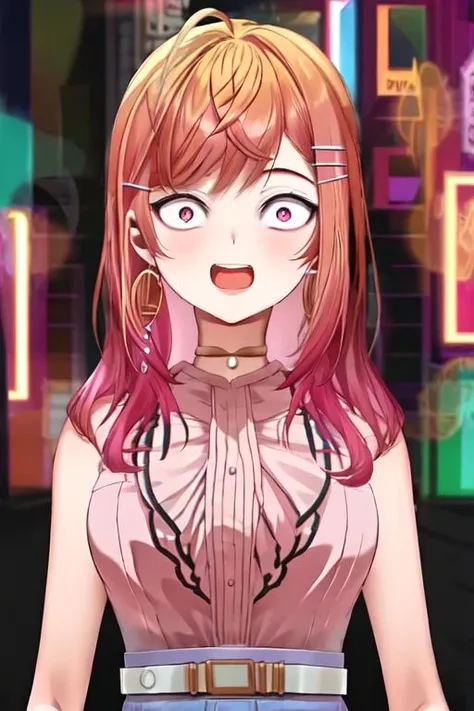 <lora:Ririka:1>,  1girl, solo, ichijou ririka, brown choker, earrings, pink shirt, purple skirt, white belt, upper body, crazy eyes, open mouth