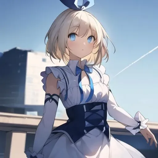 Anime girl in a white dress with blue eyes and a blue bow - SeaArt AI