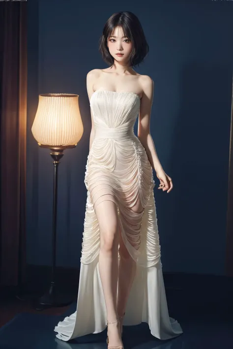 1girl, <lora:w4vy:0.7> , w4vy, wavy dress, sleeveless, strapless, (full body), long dress, <lora:hamabeminami_lora-06:0.9>, hamabeminami,(RAW photo, best quality), (realistic, photo-realistic:1.4), an extremely delicate and beautiful, extremely detailed, finely detail, extremely detailed CG unity 8k wallpaper, highres, soft light, beautiful detailed girl, cinematic lighting,city lights at night,perfect anatomy,slender body,short hair,, (masterpiece, best quality, high quality, highres, ultra-detailed),