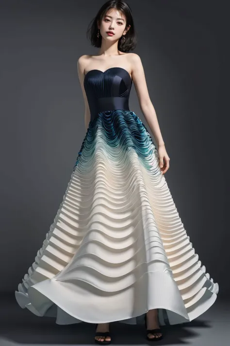 1girl, <lora:w4vy:0.8> w4vy, wavy dress, sleeveless, strapless, full body, long dress, <lora:hamabeminami_lora-06:0.8> hamabeminami, (masterpiece, best quality, high quality, highres, ultra-detailed),