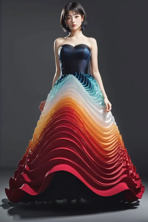 1girl, <lora:w4vy> , w4vy, rainbow wavy dress, sleeveless, strapless, (full body), long dress, <lora:hamabeminami_lora-06>, hamabeminami,(RAW photo, best quality), (realistic, photo-realistic:1.4), an extremely delicate and beautiful, extremely detailed, finely detail, extremely detailed CG unity 8k wallpaper, soft light, beautiful detailed girl, cinematic lighting,perfect anatomy,slender body,short hair,, (masterpiece, best quality, high quality, highres, ultra-detailed),