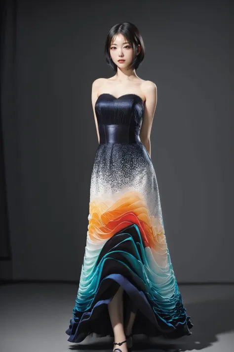 1girl, <lora:w4vy> , w4vy, wavy dress, sleeveless, strapless, (full body), long dress, <lora:hamabeminami_lora-06>, hamabeminami,(RAW photo, best quality), (realistic, photo-realistic:1.4), an extremely delicate and beautiful, extremely detailed, finely detail, extremely detailed CG unity 8k wallpaper, soft light, beautiful detailed girl, cinematic lighting,perfect anatomy,slender body,short hair,, (masterpiece, best quality, high quality, highres, ultra-detailed),