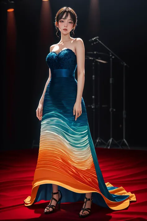 highres,absurdres,masterpiece,best quality,original,extremely detailed CG,extremely detailed wallpaper,perfect lighting,standing on the stage,looking at viewer,blurry background,bare hands,1girl,
<lora:w4vy:0.7>,w4vy,wavy dress,sleeveless,strapless,