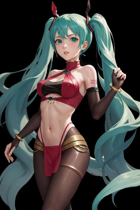 masterpiece, best quality, 1girl, solo, <lora:plegian-outfit-fe-richy-v1:1> plegian, body stocking, navel, midriff, hatsune miku