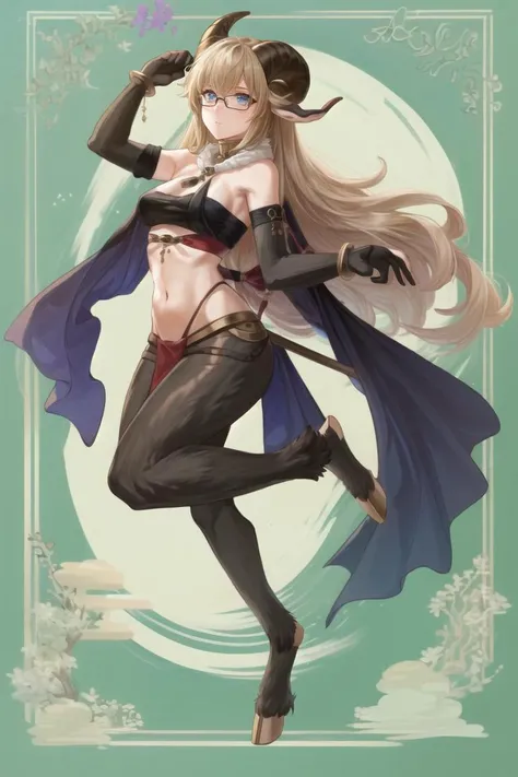 ((best quality)), ((highly detailed)), masterpiece, (detailed eyes, deep eyes), (1girl), (glasses), full body, <lora:hairdetailer:.9>, <lora:plegian-outfit:1>, plegian, bodystocking, midriff, navel, <lora:aiomonstergirls_loraLocon:.1>, ((satyr), (goat legs), horns, (goat horns), gloves, <lora:hoovedlegs:.85>, hooved legs, hooves, (furry legs), loincloth, tube top