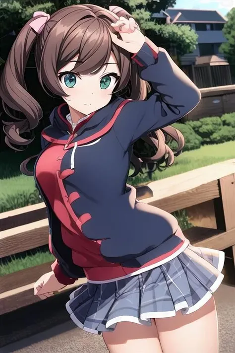 Worm's-eye angle, (highres, 8k wallpaper, extremely clear, masterpiece, best quality), 1girl solo, (itaba_Yumi), looking at viewer, outdoors, cowboy shot, <lora:Itaba_Yumi_v1-000032:0.9>