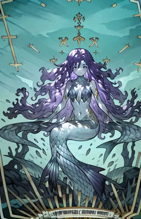masterpiece, 1girl, solo, ve_xillum <lora:Ve_Xillum-46:1>, (tarot, blue theme, underwater:1.2), fish, mermaid, purple hair, messy hair, ship, wreckage, frame