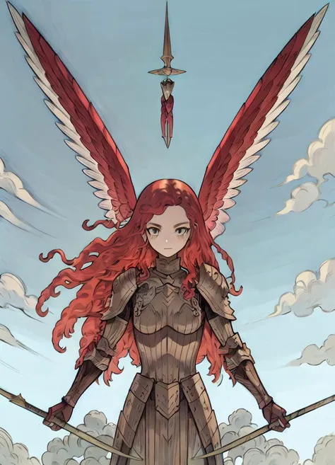 masterpiece, 1girl,(female focus, cowboy shot,solo), ve_xillum  <lora:Ve_Xillum-46:1>, sky, clouds, flying, white wings, feathered wings, flying, red hair, very long hair, armor, armored dress, holding weapoon, spear, holding spear, flag, holding flag