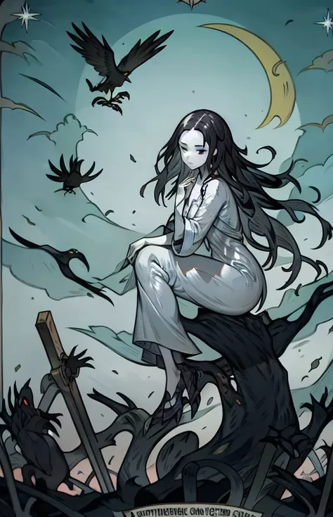 masterpiece, 1girl, solo, ve_xillum  <lora:Ve_Xillum-46:1>,  tarot, very long hair, black hair, crow, grave, tombstone, moon, night, sitting, pale, white dress, from side