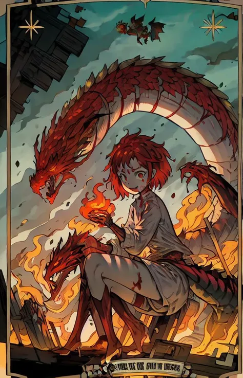 masterpiece, 1girl, solo, ve_xillum <lora:Ve_Xillum-46:.9>, (tarot, red theme:1.2), fire, dragon, short hair, torn clothes, blood, night, brick, ruin