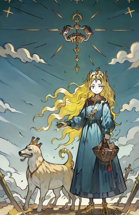 masterpiece, 1girl, solo, ve_xillum  <lora:Ve_Xillum-46:1>,  (tarot, yellow theme:1.2), wheat field, sun, clouds, blonde hair, golden hair, glowing, detailed shadows, tiara,  dress, long sleeves, standing, looking at viewer, (hair rings), holding sickle, dog, holding bread