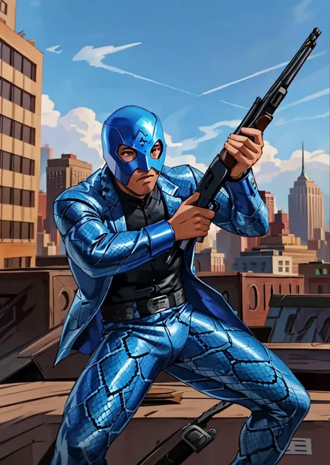 full shot, a man in dark blue snakeskin_clothes business suit aiming (shotgun:1.2), wearing snakeskin luchador_mask, new york city rooftops in background <lora:luchador_mask:0.5> <lora:snakeskin_clothes:0.5> <lora:shogunV2:0.8>