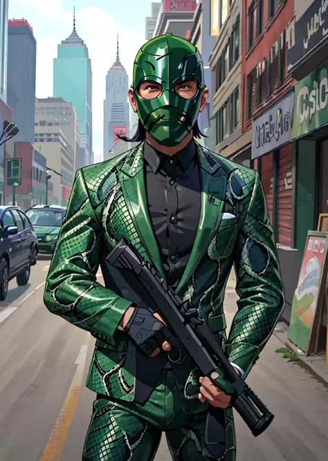 full shot, a man in dark green snakeskin_clothes business suit holding a shotgun, wearing snakeskin luchador_mask, new york city streets in background   <lora:luchador_mask:0.5>  <lora:snakeskin_clothes:0.5> <lora:shogunV2:0.8>