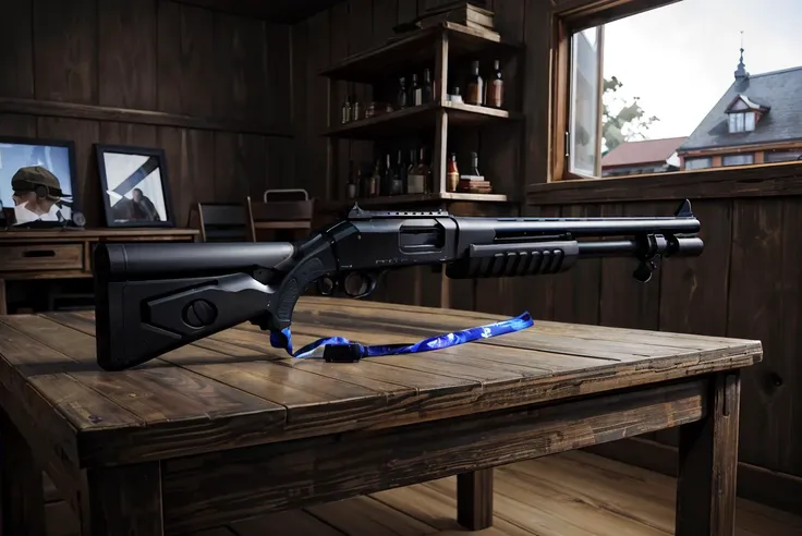 hdr, shotgun, plastic stock, shiny metal, laying on a table, looking to the right, bounce lighting, realistic detail, simple background, <lora:shogunV2:.8>