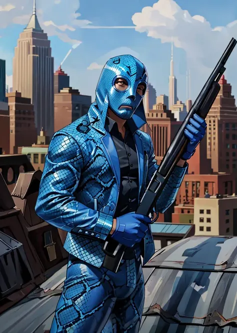 full shot, a man in dark blue snakeskin_clothes business suit aiming (shotgun:1.2), wearing snakeskin luchador_mask, new york city rooftops in background   <lora:luchador_mask:0.5>  <lora:snakeskin_clothes:0.5>   <lora:shogunV2:0.8>