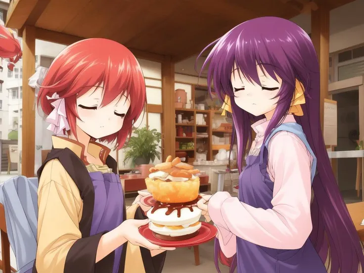 <lora:HeartfulCafe:0.8>, kousaka_chika, multiple girls, 2girls, food, closed eyes, red hair, short hair,ã
masterpiece, high quality, very_high_resolution, large_filesize, full color,