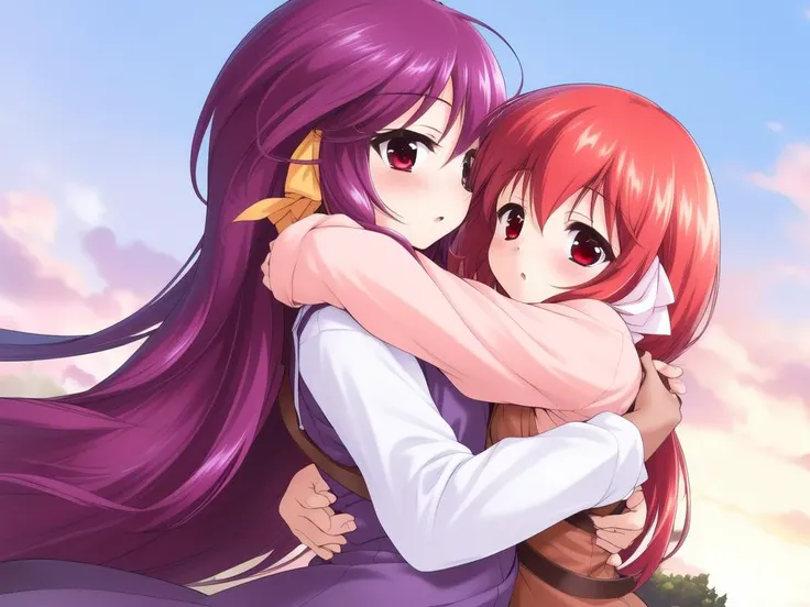 <lora:HeartfulCafe:0.8> kousaka_chika, purple hair,long hair,purple eyes, break, kousaka_chiyori, red hair,short hair,red eyes,
2girls,hug, ,blush,
parted lips, ADDCOL,hug, yuri, masterpiece, high quality, very_high_resolution, large_filesize, full color,
