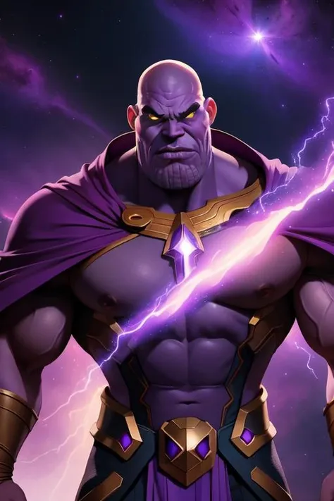 (best quality: 1.2), (masterpiece: 1.2), (realistic: 1.2), stunning angry Thanos, bald, purple cape, nebula space background, volumetric light, upper body, muscle, muscular, fantasy, dynamic angle, dynamic pose, masterpiece