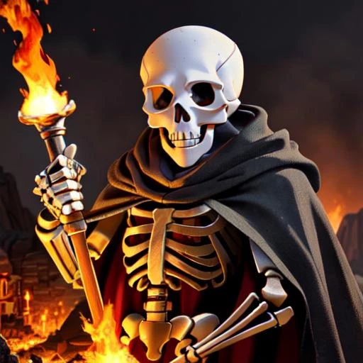 (best quality: 1.2), (masterpiece: 1.2), (realistic: 1.2), a portrait of a (skeleton: 1.3) holding a flaming spear, (old and ragged cape: 1.2), (dark cave in the background), detailed middle-earth setting, on eye level, mimicking ruined materials, extremely detailed, on eye level, scenic, masterpiece