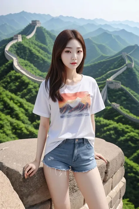 <lora:rock_chae_eun_obj20:0.3>, full_body, standing, sandals, t-shirt, shorts, (great wall of china), (rock_chae_eun: 1.3), perfect face, (contact iris: 1.1), pale skin, skin pores , depth of field