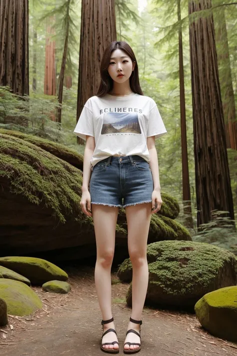 <lora:rock_chae_eun_obj20:0.3>, full_body, standing, sandals, t-shirt, shorts, california redwoods, (rock_chae_eun: 1.1), perfect face, (contact iris: 1.1), pale skin, skin pores , depth of field