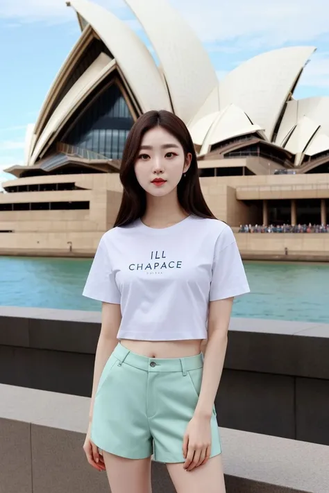 <lora:rock_chae_eun_obj20:0.3>, full_body, standing, sandals, t-shirt, shorts, sydney opera house, (rock_chae_eun: 1.1), perfect face, (contact iris: 1.1), pale skin, skin pores , depth of field