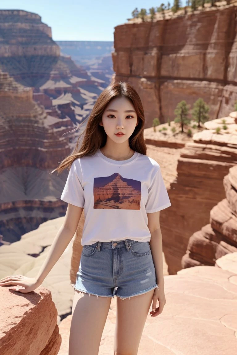 <lora:rock_chae_eun_obj20:0.3>, full_body, standing, sandals, t-shirt, shorts, grand canyon, (rock_chae_eun: 1.1), perfect face, (contact iris: 1.1), pale skin, skin pores , depth of field
