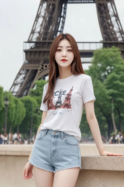 <lora:rock_chae_eun_obj20:0.3>, full_body, standing, sandals, t-shirt, shorts, (eiffel tower), (rock_chae_eun: 1.3), perfect face, (contact iris: 1.1), pale skin, skin pores , depth of field