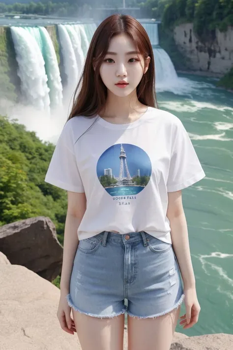 <lora:rock_chae_eun_obj20:0.3>, full_body, standing, sandals, t-shirt, shorts, niagara falls, (rock_chae_eun: 1.1), perfect face, (contact iris: 1.1), pale skin, skin pores , depth of field