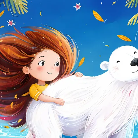 lucy fleming, <lora:lucyfleming11-02:1> long hair,
inkcolor, 1girl, solo, long hair, blush, smile, freckles,flying leaves, flying flowers, a girl leaning on a polar bear , bird, cat, 2d, lineart, illustration,