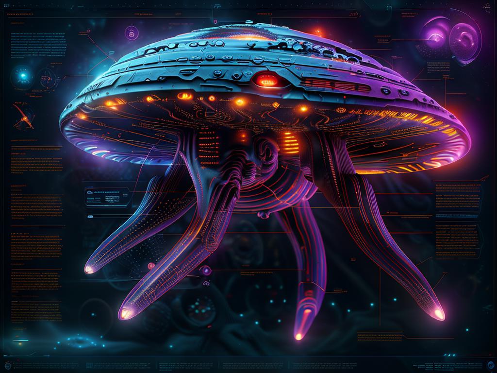 A futuristic alien spaceship with glowing lights and a large alien head ...