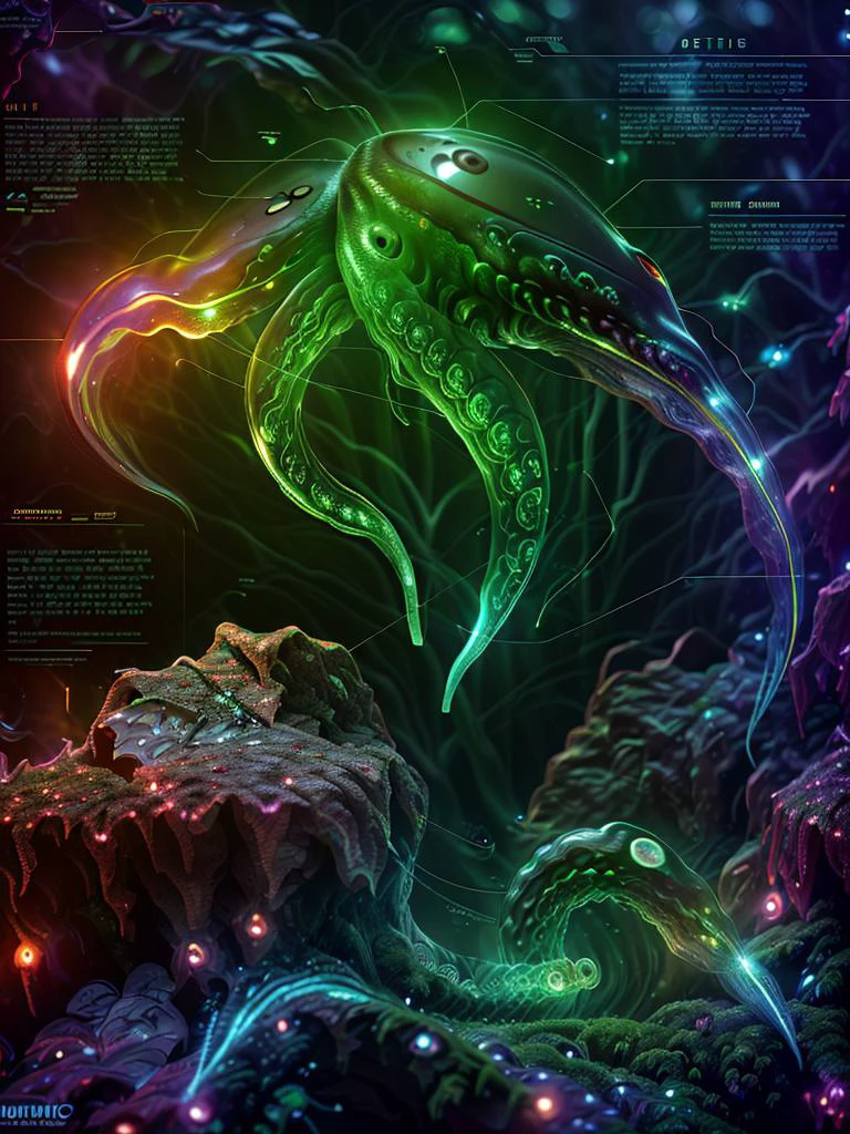 (disney:1.0)(pixar:1.4)(cartoon:0.8)(3D:1.1)(Pui)(nsfw:1.3), (UHD:1.1),
(Glowing (transparent:1.1) (tentacle monster:1.3) (with thick suckers)), (at night), forest, on a mossed fallen tree, lush vegetation, iluminating surrounding, (partly bioluminescent:1.13),
(biomechanical),(sci-fi),
<lora:J_diagram:1.2>(bioluminescent:1.1), j_diagram, and, textfield,
(hyperdetailed:1.2)
subsurface scattering, (Photorealistic:1.2), Hyperrealistic, analog style, realistic, film photography, (background visible:1.2),
(Style: highres photo, cinematic Lighting, trending on artstation, ((high quality:1.2, masterpiece:1.2)), (8k resolution), high details, incredibly absurdres, )