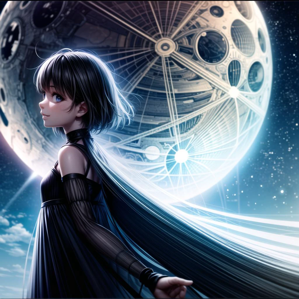 manga, a girl on the moon, beautiful, long dress black, short hair, smile, <lora:J_diagram:0.4>, J_diagram, bioluminescent, cinematic light, <lora:more_details:1>, fullscreen
