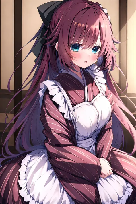 (unparalleled masterpiece, masterpiece:1.3), best quality, high quality, absurdres, 1girl, <lora:maniwa_roka-000340:0.8> maniwa roka, wa maid, pinstripe kimono, kimono, apron, hair bow, striped kimono, long hair, hair between eyes, frilled apron, frilled sleeves, mole under eye, aqua eyes