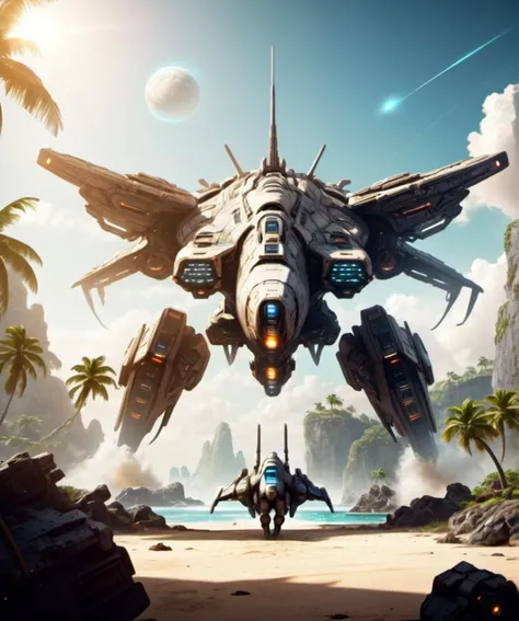 <lora:[XL]Mechatest:0.8> mech ,   huge square spaceship landing on top of (paradise island:1.3),sunny day, space opera,