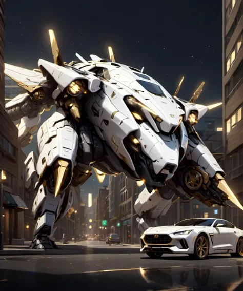 <lora:[XL]Mechatest:1> mech ,   white and brass science fiction hovering industrial luxury car by a downtown hotel, science fiction, night time, volumetric light, dutch angle, cinematic angle