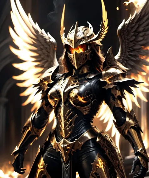 <lora:[XL]Mechatest:1> mech ,   epic female warrior on fire ablaze in black and gold armor with angel wings, horror christian cathedral, nighttime, dungeons and dragons,