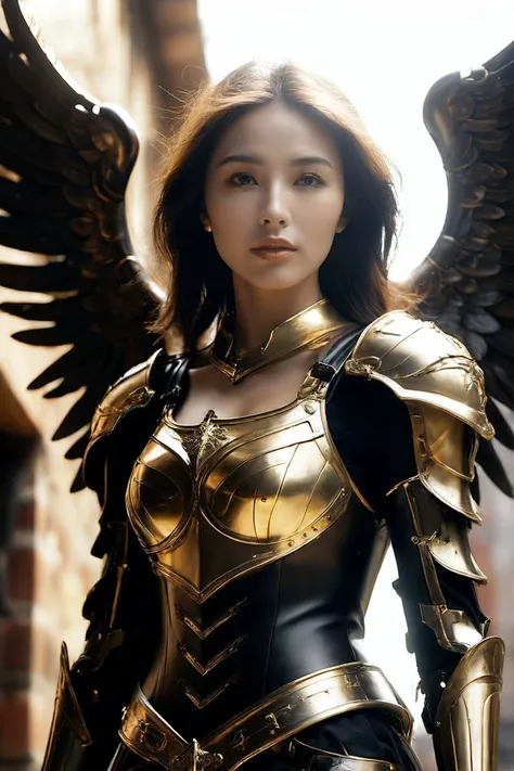 medieval high-tech cyborg woman, black and gold plate medieval style Armor, fallen angel, very sexy physique destroyed skyscraper,