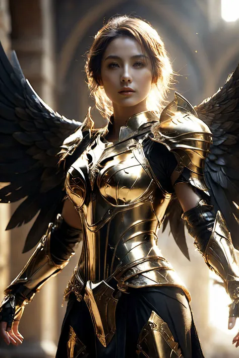 medieval high-tech cyborg woman, black and gold plate medieval style Armor, fallen angel, very sexy physique destroyed skyscraper,